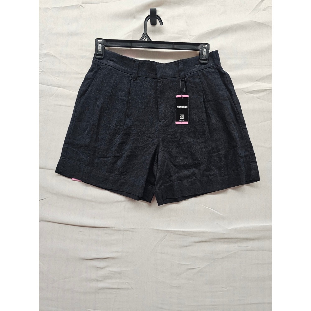 Express Linen Shorts Black High Waisted Pleated Front Size 6 EX008242 NWT